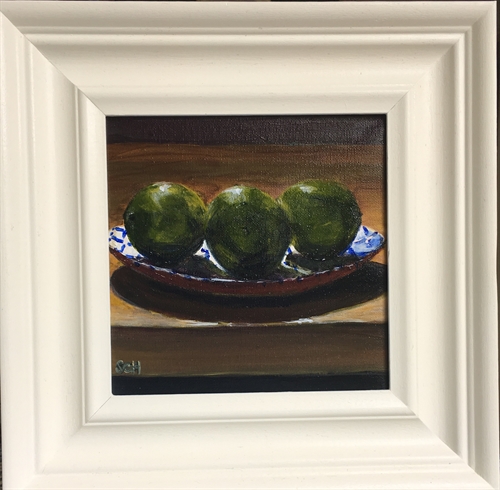 Limes on the Tapas Plate- 4B with a hand painted wooden frame by Sarah Heelis