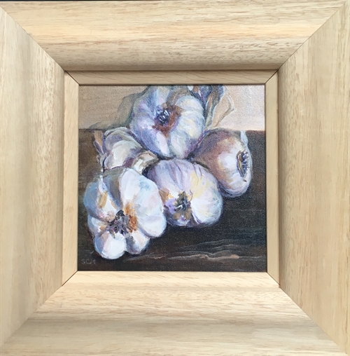 Garlic on Oak Table 3B -with a double natural wood frame. by Sarah Heelis